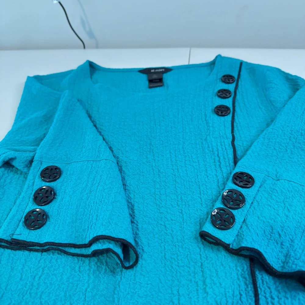 Ali Miles Teal Textured 3/4 Sleeve Asymmetrical Button Top Petite Large PL - Picture 6 of 8